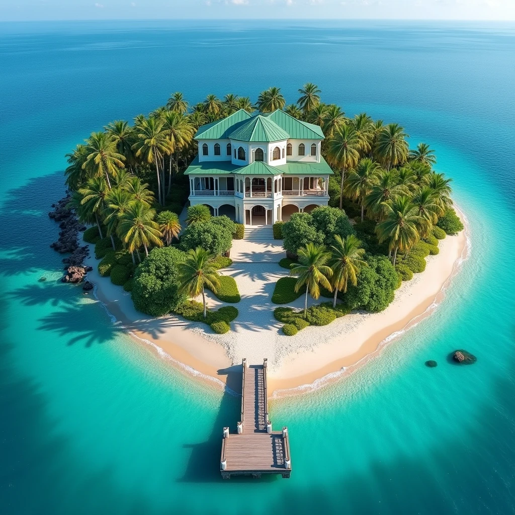 only big tropikal island from sky 
in the middle sea
10 acres
edges beach 
trees 
3 storeys alone big house 
Ottoman architecture
green roof
dock
