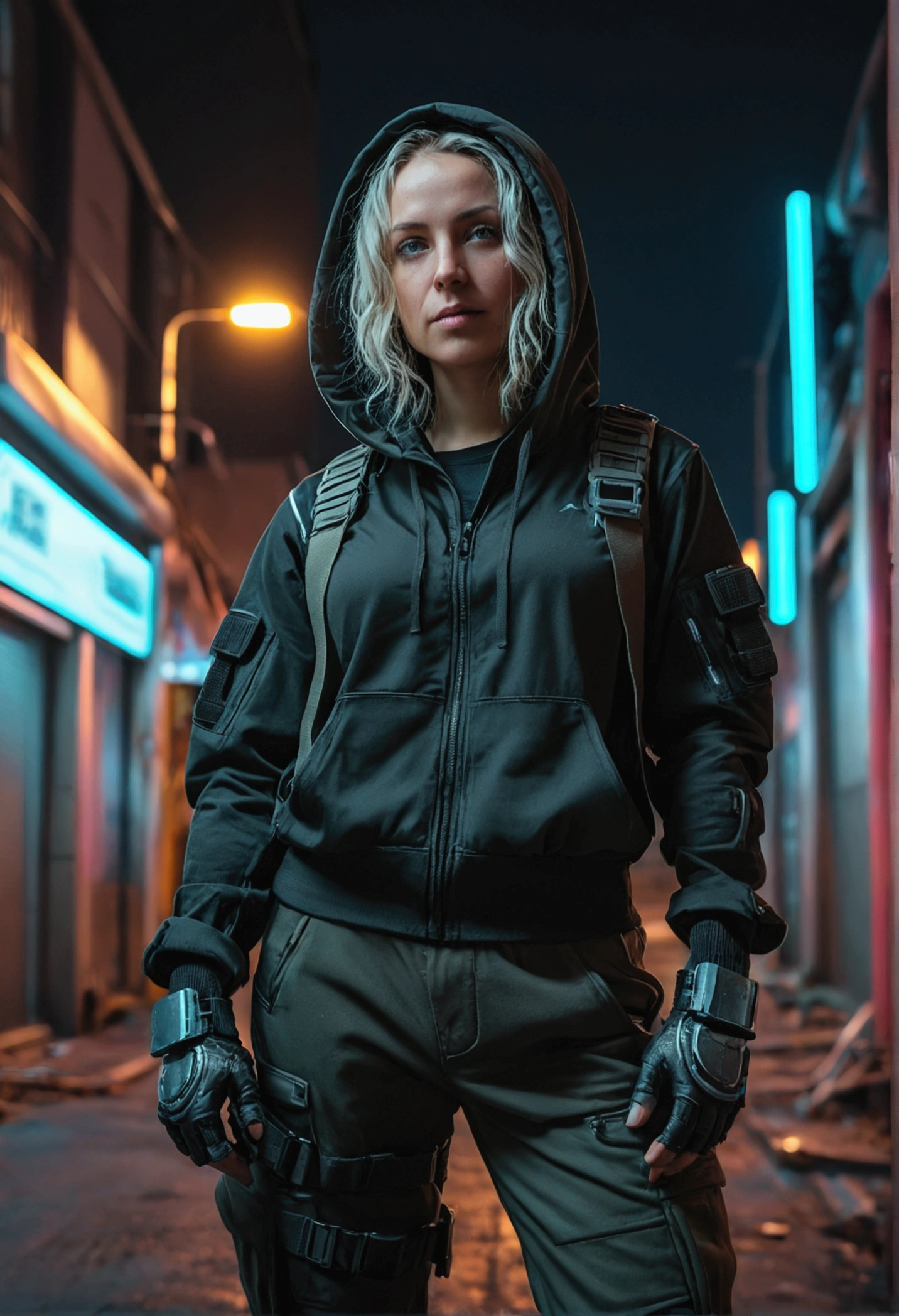 A caucasian woman wearing a tactical outfit with hood and military boots , stands on the street of a cyberpunk city at night. Techwear fashion, full-body portrait, taken with a Canon EOS R5