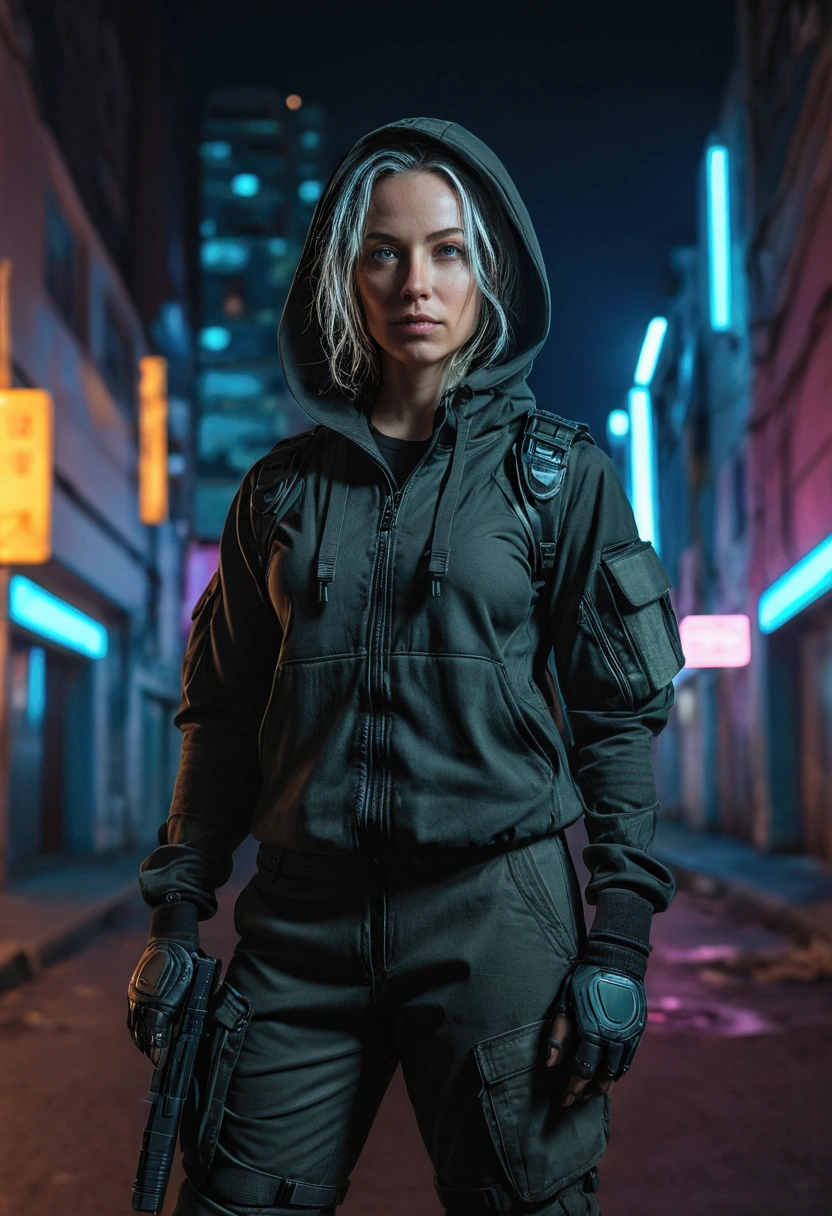 A caucasian woman wearing a tactical outfit with  hood and  military boots , stands on the street of a cyberpunk city at night. Techwear fashion,  full-body portrait, taken with a Canon EOS R5