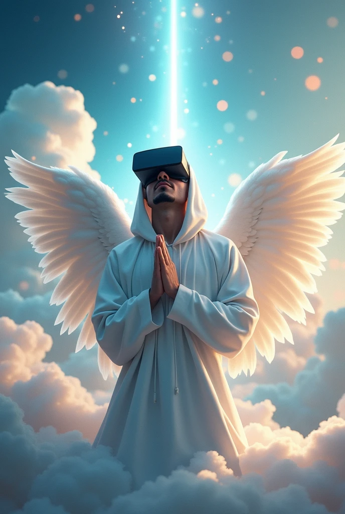 Guardian angel man prays in virtual reality glasses, in a hood