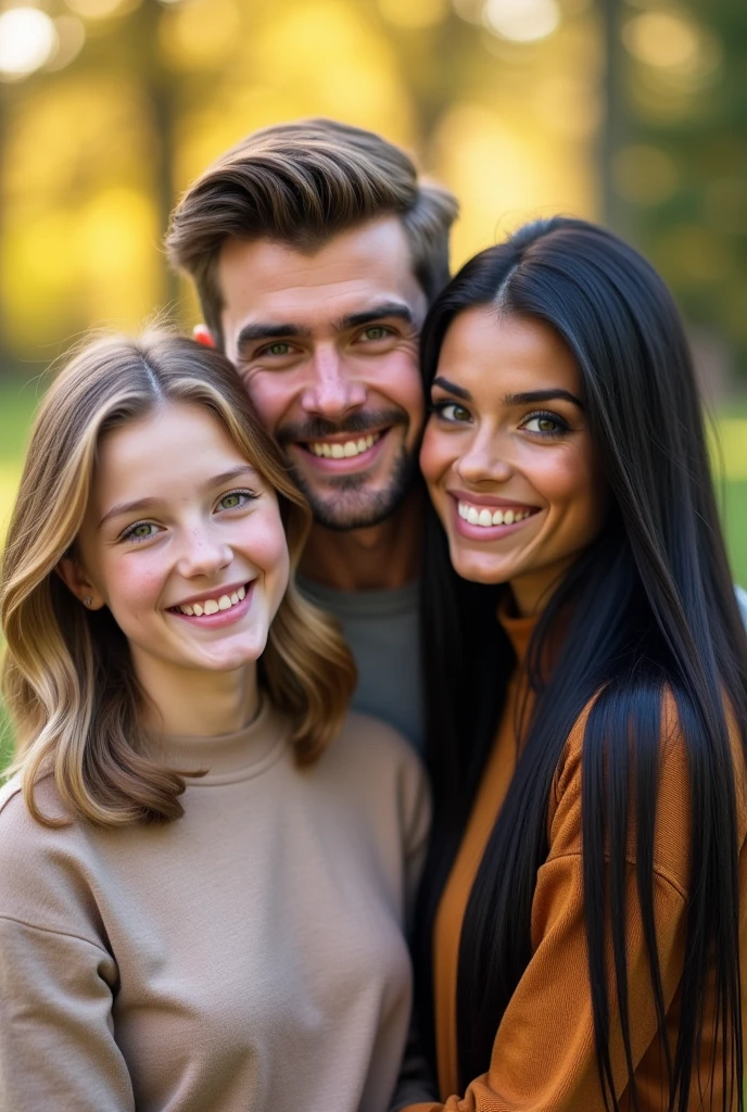 a 23-year-old sister, with medium blonde hair but light brown at the roots and green eyes. and a brother in the middle, 30 years old, without a mustache or beard, with brown hair. and a 31-year-old sister with black eyes and long, straight black hair.