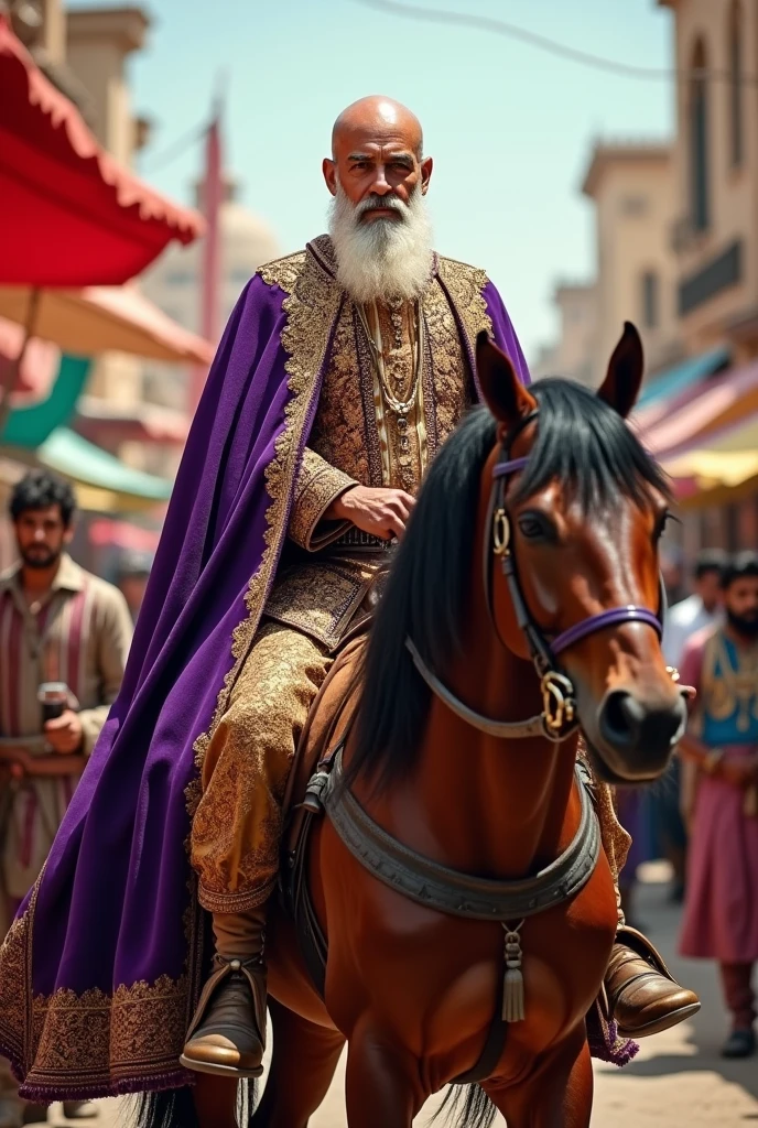 Create for me an image of a man in royal attire without a crown with a purple cape riding a horse in front of the horse make a general who rides that same horse in the background the Persian market Add a well-groomed white beard to the man riding the horse and the general holding the horse too
