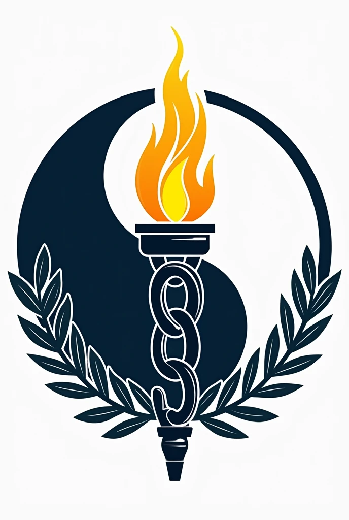 (Logo design for embroidery) a torch made of blank chain links, blue and yellow and lit on natural colored olive leaves.
In the background a circle of black and white jin and jang.