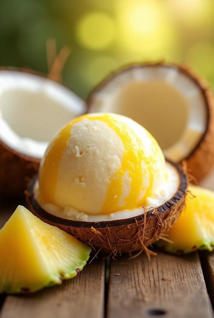 generates a circular-shaped natural fruit ice cream ball, Coconut and pineapple flavor, that is of two colors white and yellow mix them a little