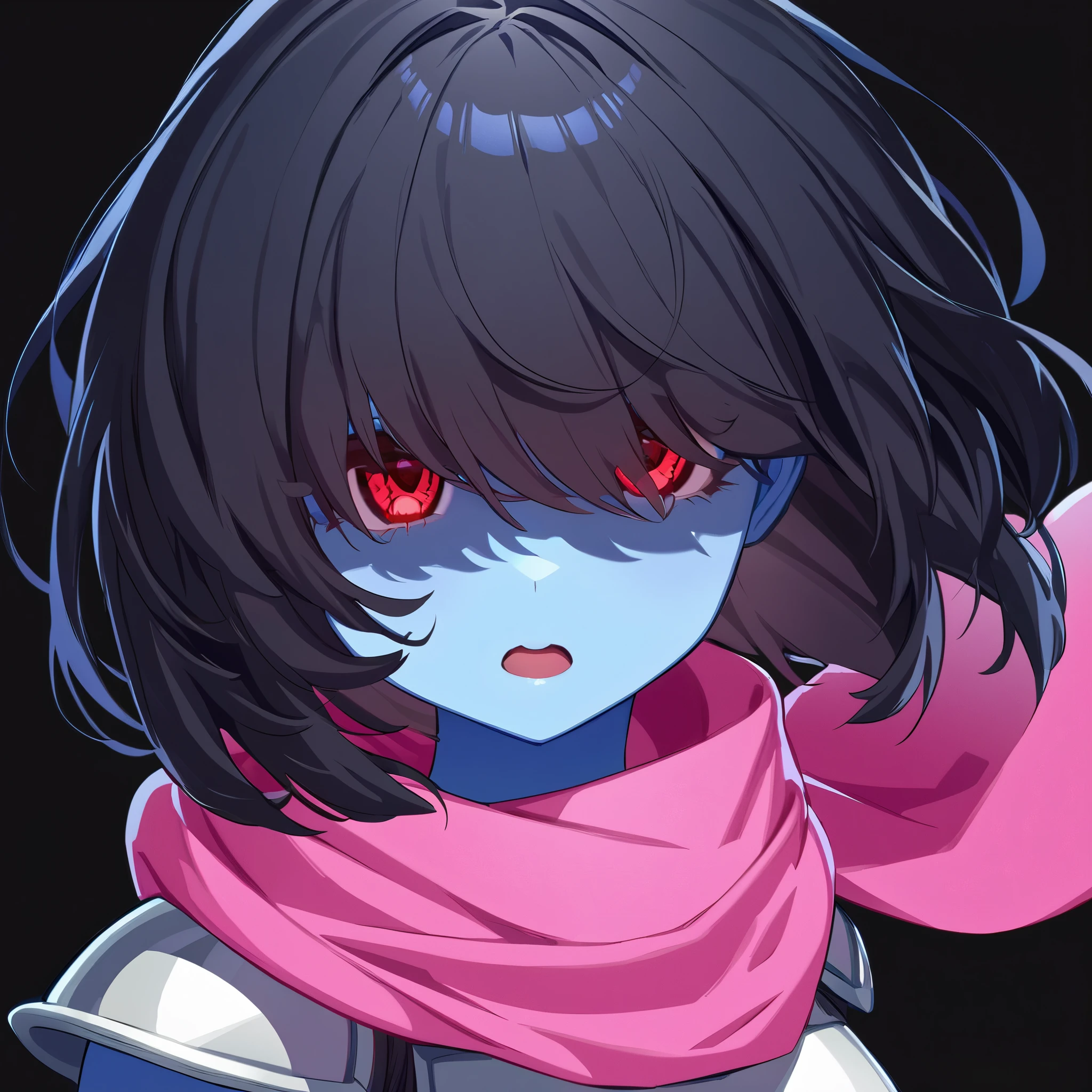 (face focus:1.2, eye focus:0.1, looking at viewer, red eyes), (1girl, solo, darkkris), embarrassed, open mouth, blue skin, (hair over eyes:0.3, black hair, medium hair), detailed, pink scarf:0.3, white chestplate:0.3, (black background)