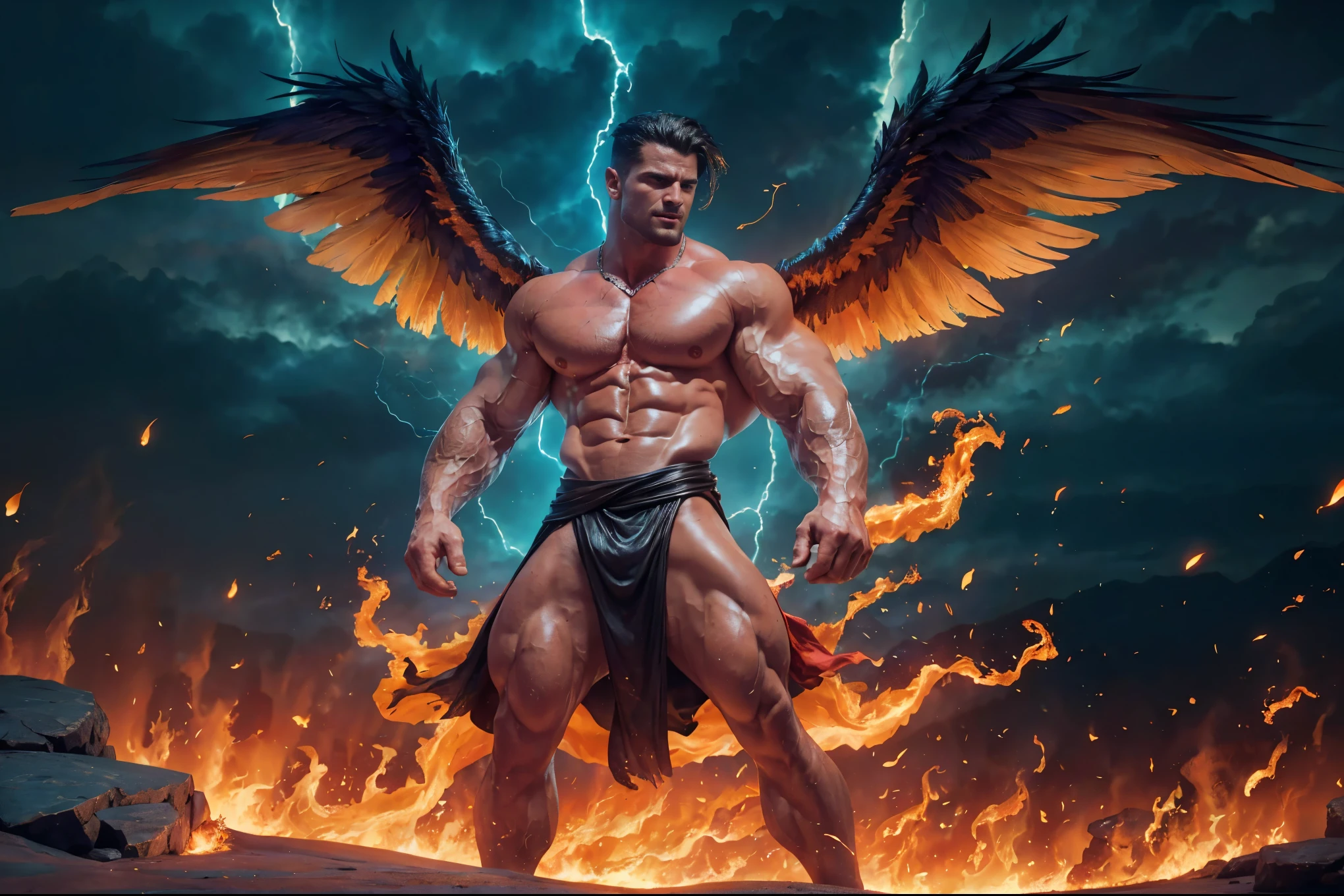 (best quality,4k,8k,highres,masterpiece:1.2),ultra-detailed,(realistic,photorealistic,photo-realistic:1.37),man with phoenix wings on his back,fire surrounding his fist,feathers,captivating expression,flaming wings spread wide,Fiery light,cinematic mood,dramatic angle,heroic stance,mythical creature,sculptural details,radiating power,celestial aura,vibrant color palette,scorching flames,epic fantasy,mythological hero,heroic mythology,combustible energy,luminous heat,dynamic movement,high-contrast lighting,archetypal figure,detailed feather texture,mythical symbolism,fiery trails,embodying strength and grace,vividly glowing embers,powerful presence,extraordinary supernatural ability,astral fire,enduring power and rebirth,fiery spirit,awe-inspiring spectacle