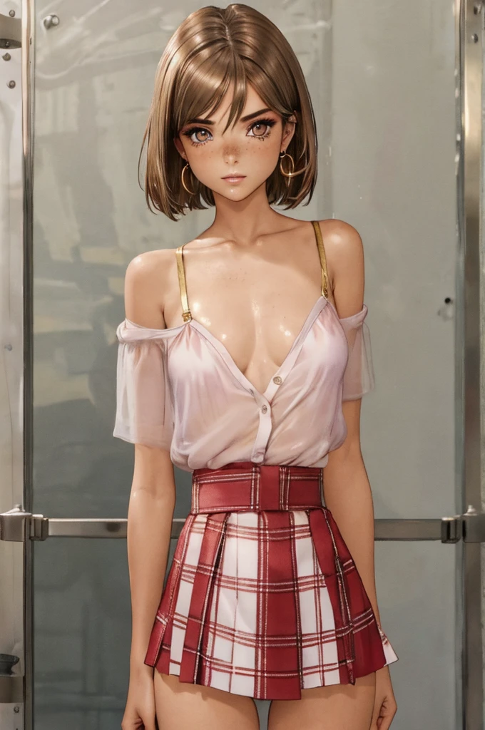 1girl,a beautiful fashion model ,(masterpiece, detailed background, best quality), shoulder length hair, short and shiny hair, light brown hair, elegant makeup, dark makeup, earrings, pink eyeshadow, white shirt, red plaid skirt, gold bra and gold thong, brown eyes, wet skin, feigned shyness, small , shiny breasts boob, slim wai (space cruise), freckles, mousey, maxcaulfield,