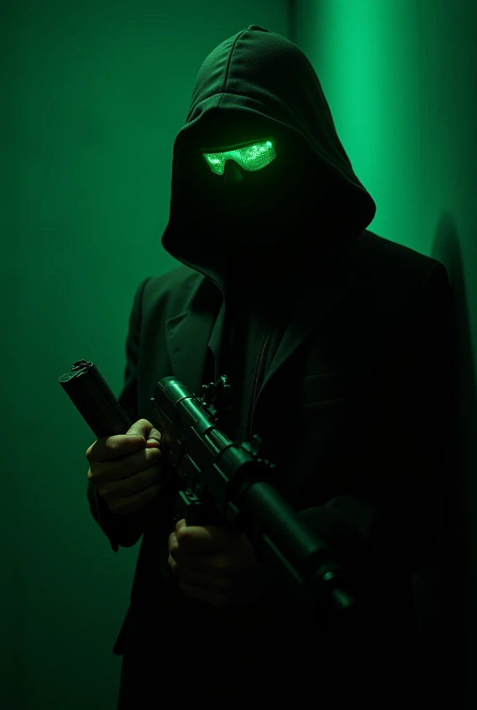 mysterious agent wearing black costume in a dark room, barely visible, with green noctovision on his eyes, he has a knife in hand and two guns hidden in costume