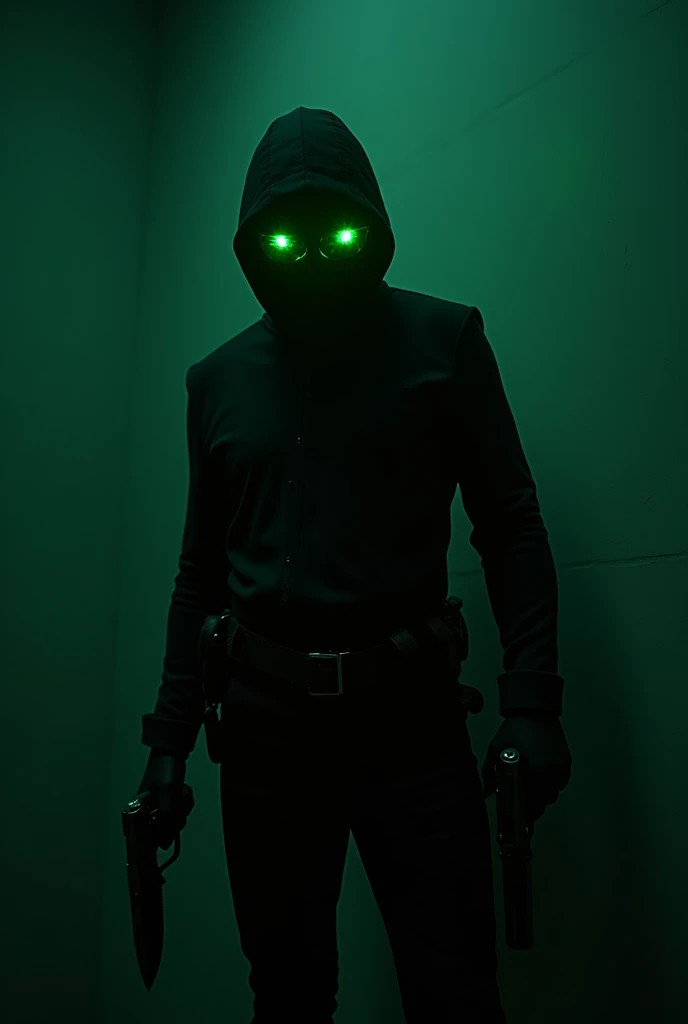 mysterious agent wearing black costume in a dark room, barely visible, with green noctovision on his eyes, he has a knife in hand and two guns hidden in costume