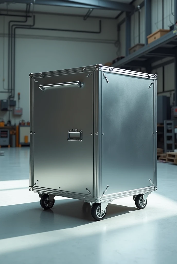 generate a box that has a metallic appearance, that it has two rear wheels and that in the front it has a bar that is attached to the wall of the box and that touches the ground