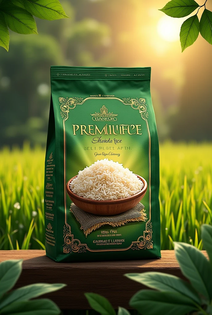 Generate an advertising flyer for premium rice in a bag in green and gold colors