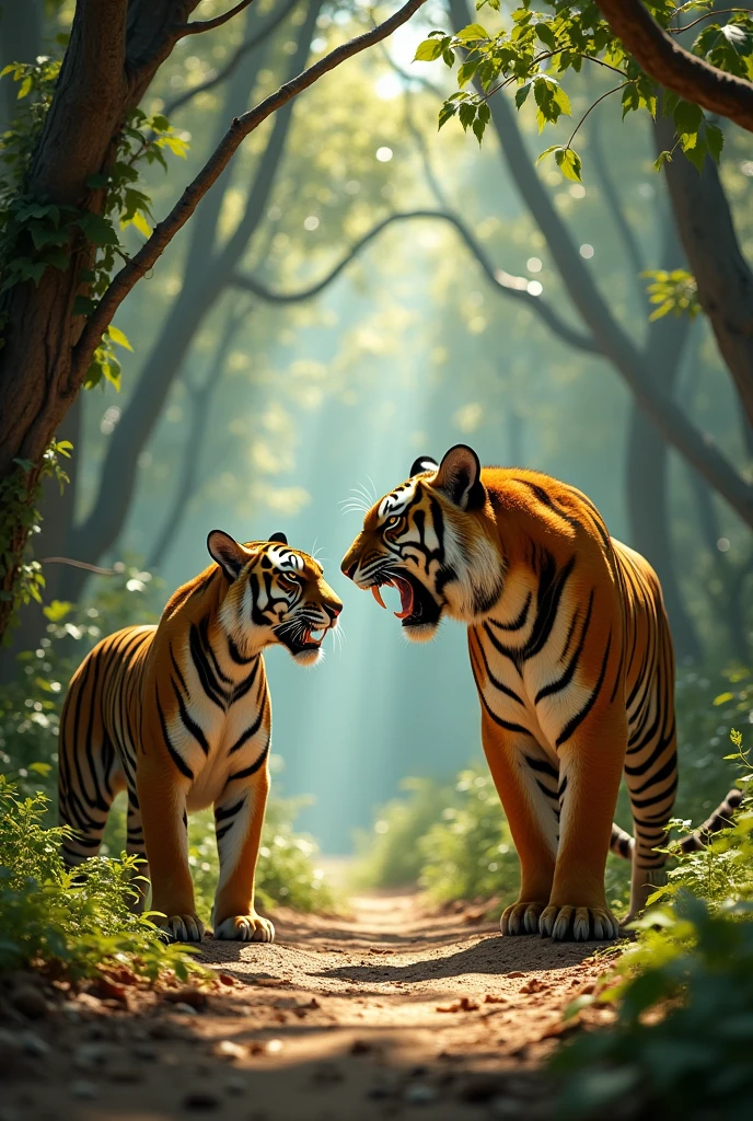 An old, exhausted tiger and a mature tiger arguing