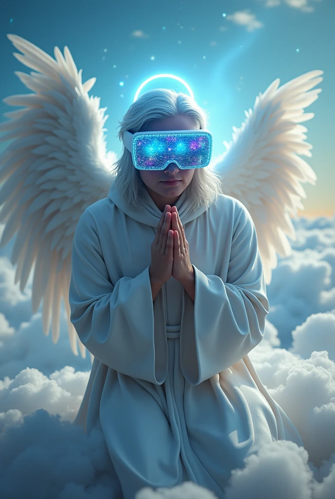 Guardian angel man prays in virtual reality glasses, in a hood