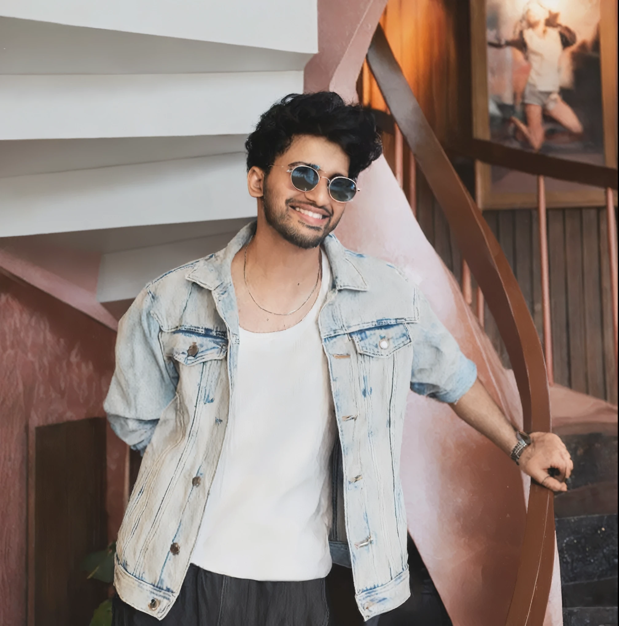 araffe man in a denim jacket and sunglasses standing on a staircase, jayison devadas style, jayison devadas, mohamed chahin style, wearing a jeans jackets, album art, profile pic, shot on sony a 7, enes dirig, he is smiling, ayan nag, smooth in _ the background, mixed art, mid shot portrait