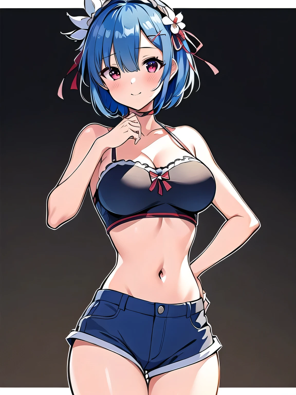 masterpiece, best quality, highres, ram1, 1girl, solo, rem \(re:zero\), blue hair, short hair, red eyes, hair over one eye, ribbon trim, hair ribbon, x hair ornament, frills, crop top white, denim shorts,medium breasts, cleavage, , hair flower, outdoor s, standing, smile, perfect background, perfect light