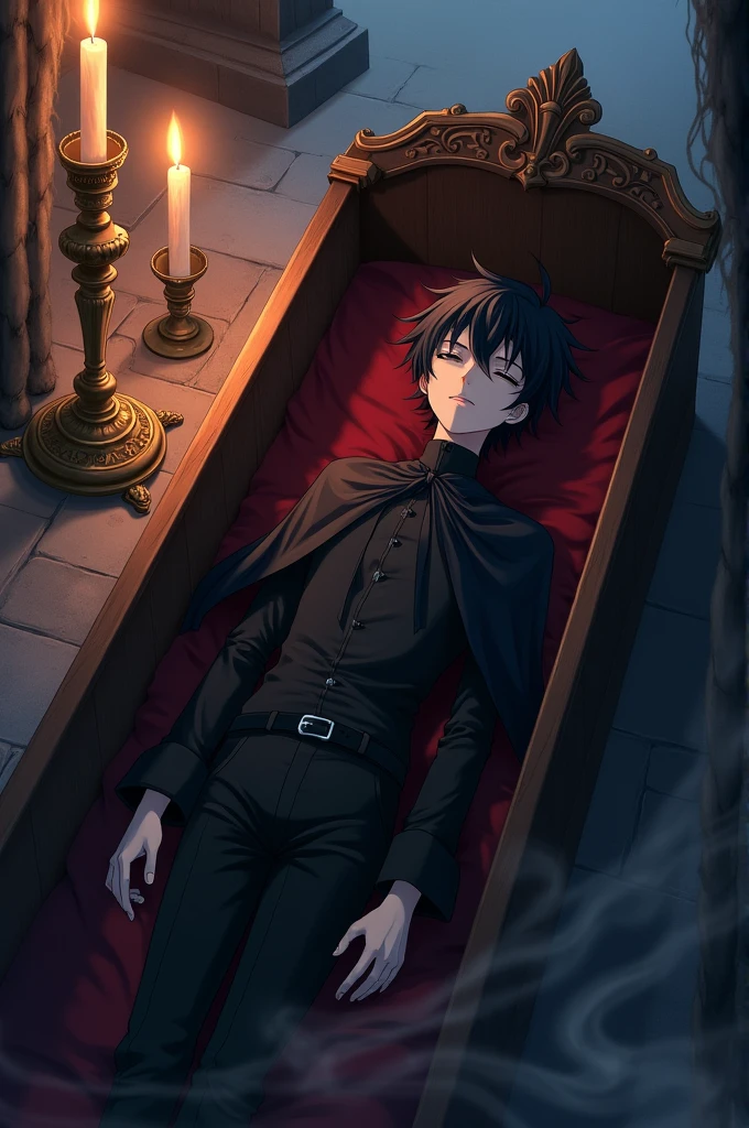 An anime boy inside a coffin with his eyes closed 