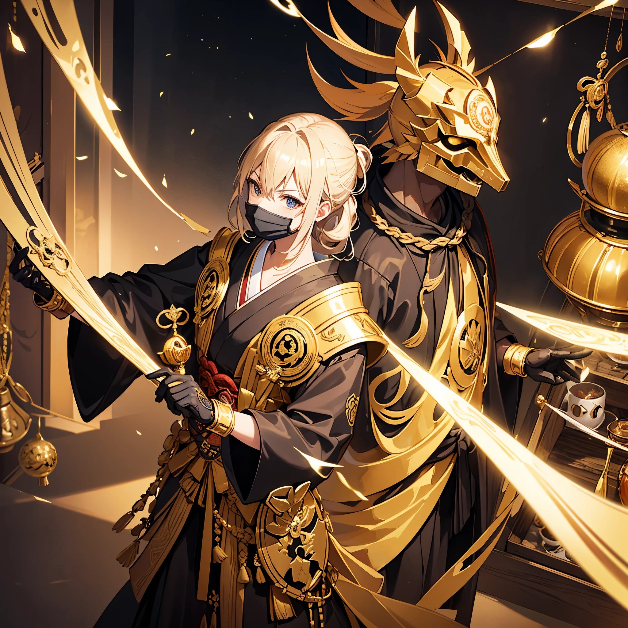 Create a golden samurai with a mask looking at a trophy and achievement display case dressed in a black kimono