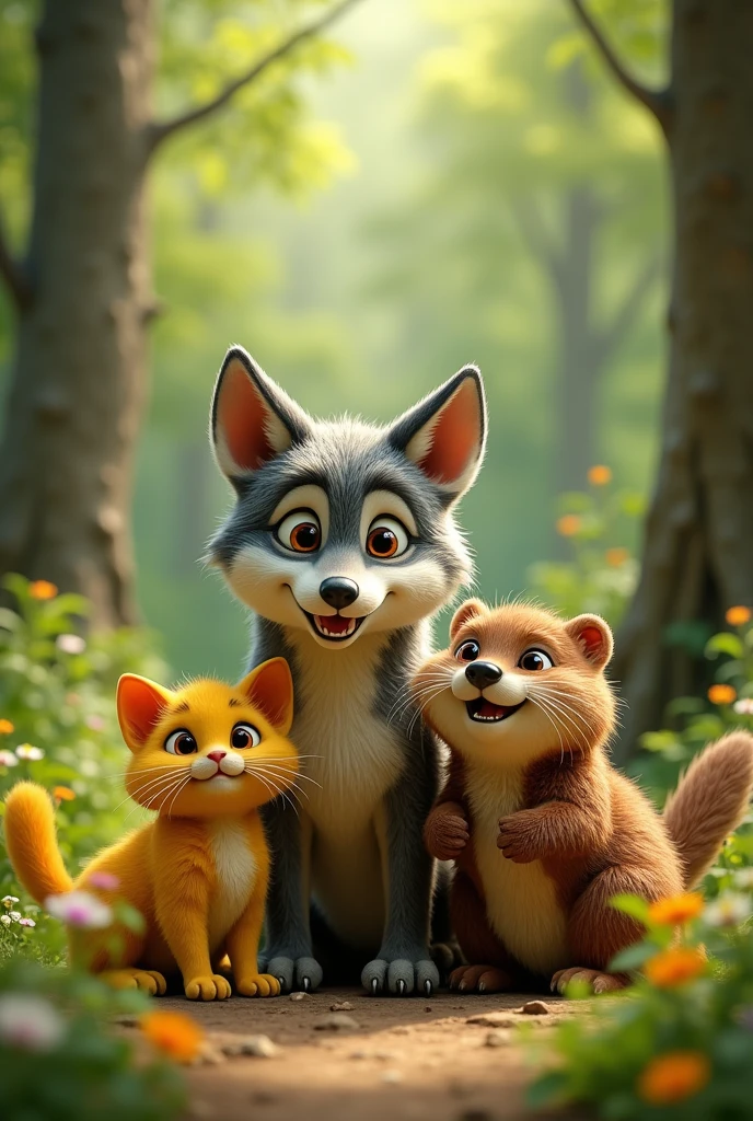 Wolf, miskin,yellow cat and beaver selfie