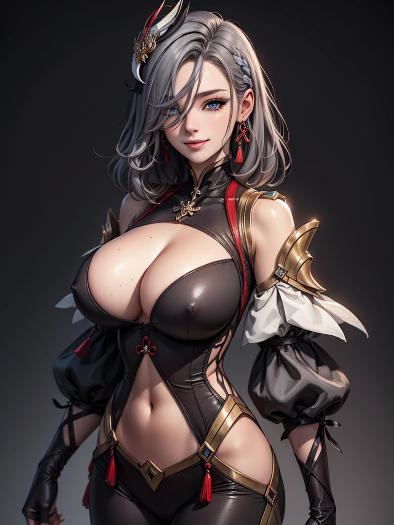 earrings, braided ponytail, puffy sleeves, gold trim, gloves, bodysuit, breast curtain, shoulder cutout, covered navel, hip vent, clothing cutout, tassel, (luxury livingroom background), ShenheV4, anime cels style, best quality, high resolution, 1girl, (huge breasts:1.2), beautiful face, grey hair, long hair, hair ornament, hair over one eye, blue eyes, cowboy shot, smiling