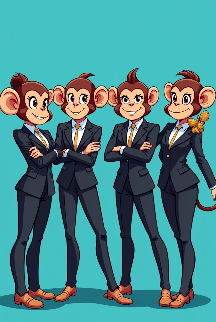 Make a picture of 4 female monkeys and 1 male using suits . Very badass with brown fur and cartoon design
Looking for the camera using suits, blue background. Each doing different poses