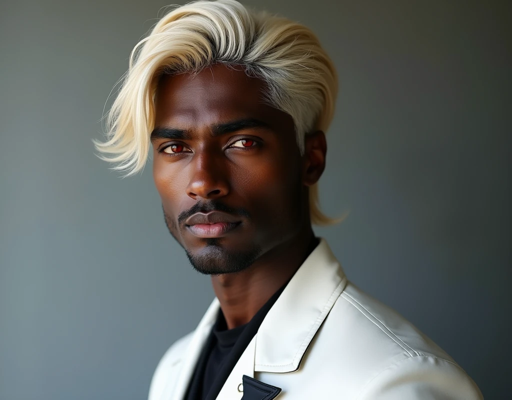 headshot of a very tall Arabic-Egyptian featured male model, platinum blond layered swept back wavy hair, lithe body, dark skin, vibrant red eyes, tall toned body. Professional expression. Wearing white and black clothes.