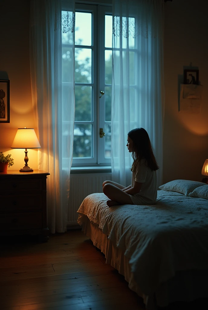 A girl sits with a shadow on the window