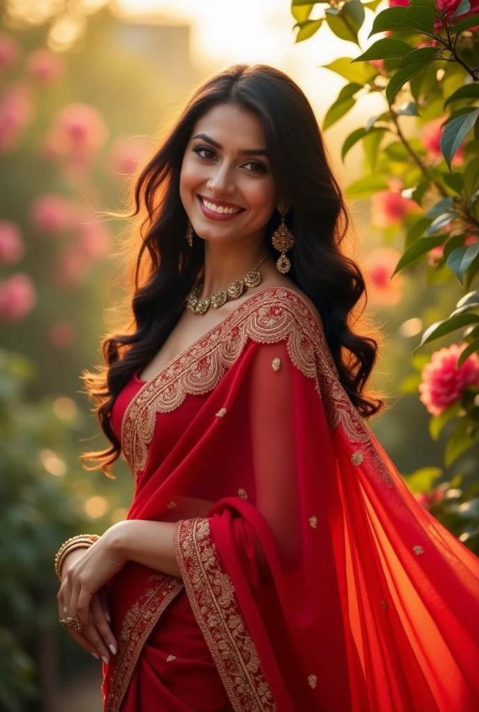 sexy indian woman in red sari posing for a picture