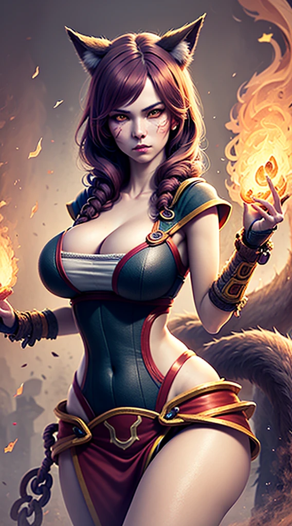 Ray tracing,{Best quality}, {{Masterpiece}}, {A high resolution}, Original, Extremely detailed 8k wallpaper, {An extremely delicate and beautiful}, realistic hand, one girl, good body proportions, (((cowboy shot))), blush, Extremely detailed face, Extremely detailed body, Extremely detailed hands, Extremely detailed eyes, beatiful eyes, glowing eyes ((amber eyes)), extremely detailed background, high quality background,Ahri League of Legends,(((kitsune girl,fox girl,fox tails,nine tails,multiple_tails,multiple tails))),(large breasts:1.9),20-year-old,fighting pose, fire magic, fire tails, tails on fire, full of demonic aura, angry facial expression, volcano background, on fire background, (((bright colors))), red fire, (((the background is full of magical particles and realistic fire))). lens flare, glowing light, reflection light, motion blur