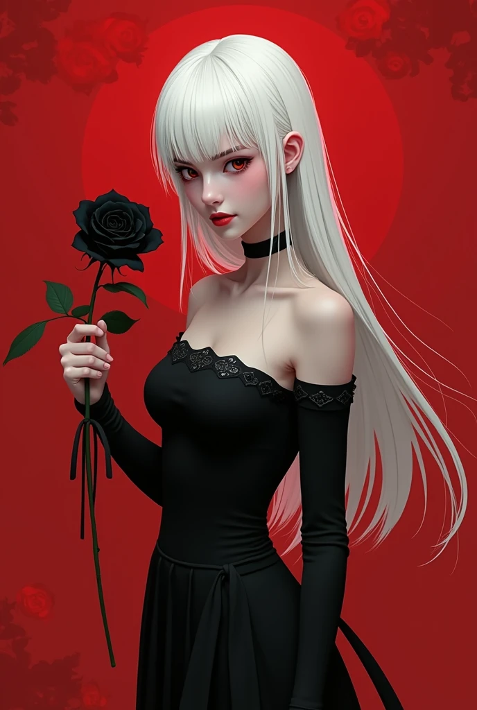 An incredibly captivating and highly stylized semi-realistic and artistic illustration of a white-haired girl holding a black rose, still from alita, art station front page, wearing black dresses, illya kuvshinov, malevolent expression, detailed rendering, korean mythology, :14 80s style anime, young pale angel, by Ren Renfa, realistic anime girl,, ultra-realistic illustration inspired by manga. The fair-skinned subject exhibits sharp facial features, including high cheekbones, a defined jawline, and unreal sexiness. Her straight white hair is elegantly styled. She wears a tight black off-the-shoulder dress, decorated with simple patterns that accentuate her slender figure and grace. The dress features long sleeves and a flowy, dramatic skirt. The monochromatic red color palette adds to the overall feeling of sophistication, elegance and drama, achieved with Unreal Engine 5, Nvidia graphics rendering,