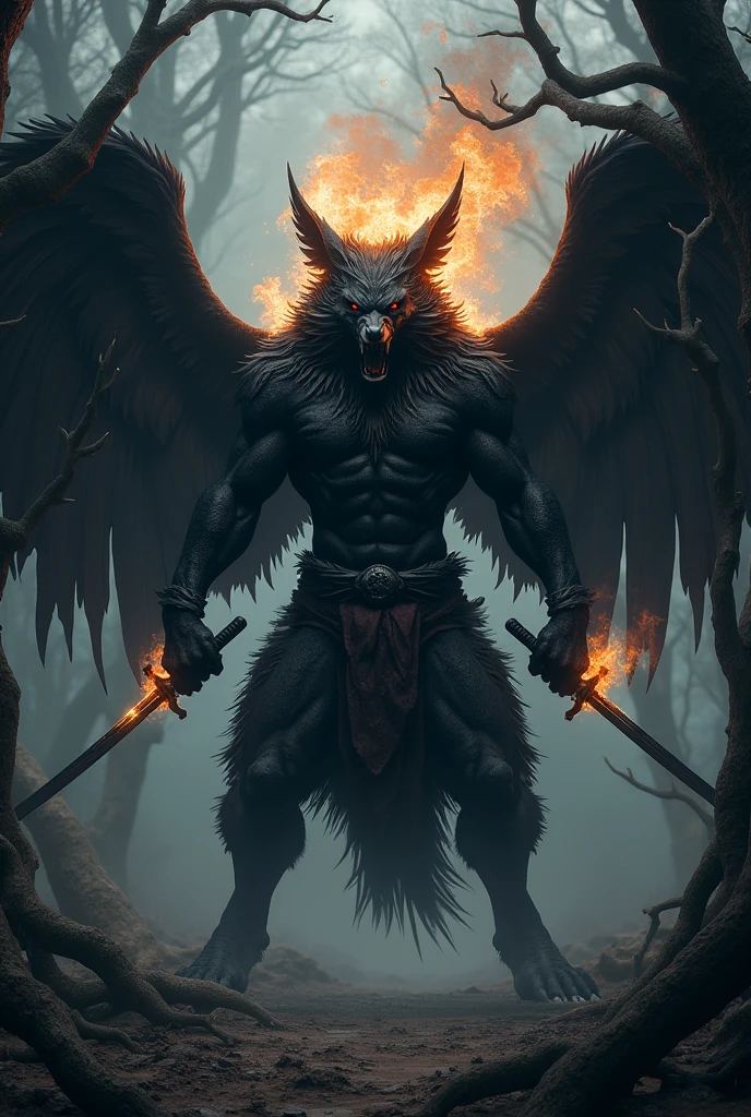 black werewolf,gigant ass, kamishimo, two katanas, black wings, back of head on fire.