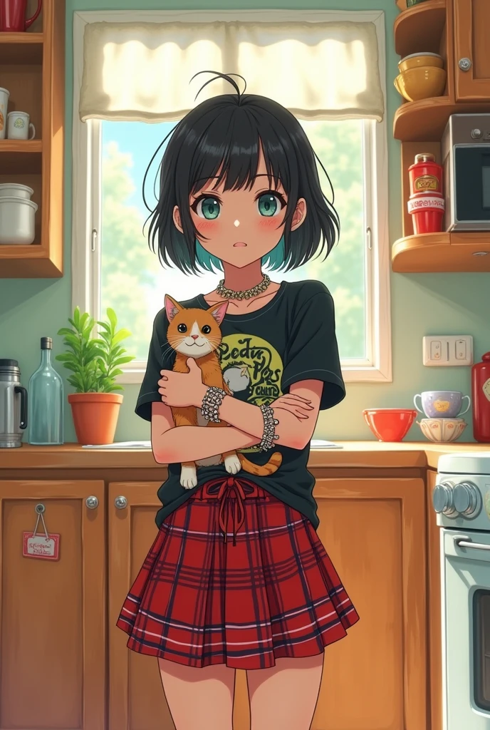 Create a 2:1 aspect ratio image of a full-body, front-facing view of a young girl standing in a bright kitchen, illuminated by natural sunlight. The girl, dressed in pop-punk fashion, is holding a cat in her arms. The scene is depicted in an anime style, inspired by the works of Makoto Shinkai, with detailed backgrounds, vivid colors, and emotionally expressive features. The kitchen setting should feel warm and cozy, with the sunlight enhancing the vibrant and rebellious 