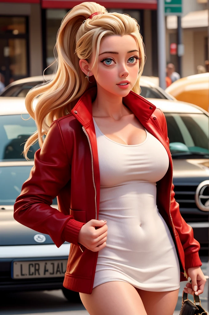 AMBER HEARD, Uma garota sexy, de cabelo LOIRO, She's in town, and is wearing an open red jacket over a WHITE BODY