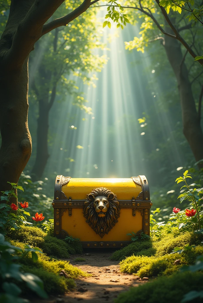 FOREST BACKGROUND IN THE CENTER A YELLOW CHEST WITH A LION'S HEAD PADLOCK