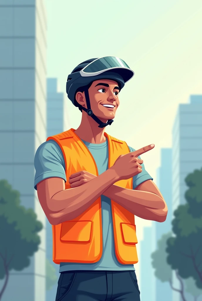 Simple drawing of a young man with a helmet and a reflective vest, bottomless pointing with his finger to the right, looking at the reader