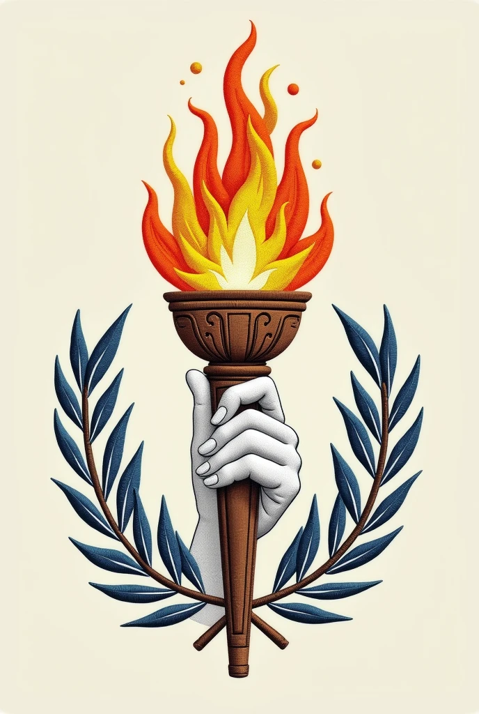 (Logo design for embroidery) a torch made of chain links, held by a white hand, blue and yellow and lit on natural colored olive leaves.