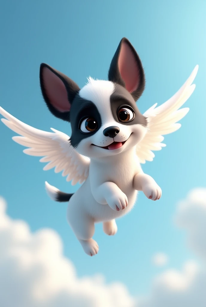 stray dog character, no race, eyes black, grown-up, ears and around the eyes black, white snout, white body and paws, black ears, long snout, long muzzle, cachorro grande grown-up, Scrawny, comprido, hairless, white front legs, with white angel wings, flying with sky and clouds background, animation character, stylized character, animation style rendering, 3d stylized, Arnold Maya rendering, Stylized 3D rendering, toon render screenshot, 3d character, 3d character, Stylized 3D rendering, 3D character rendering, cartoon character, Personagem de close up, character posing, (Pixar-style) (master part:1.2) (bokeh) (best quality) (skin detailed) (detailed texture) (8k) (Argilla) (cinematic lighting) (sharp focus