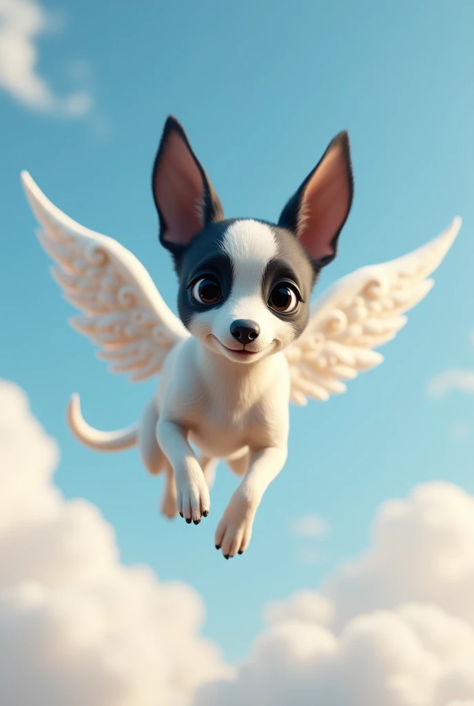 stray dog character, no race, eyes black, grown-up, ears and around the eyes black, white snout, white body and paws, black ears, long snout, long muzzle, cachorro grande grown-up, Scrawny, comprido, hairless, white front legs, with white angel wings, flying with sky and clouds background, animation character, stylized character, animation style rendering, 3d stylized, Arnold Maya rendering, Stylized 3D rendering, toon render screenshot, 3d character, 3d character, Stylized 3D rendering, 3D character rendering, cartoon character, Personagem de close up, character posing, (Pixar-style) (master part:1.2) (bokeh) (best quality) (skin detailed) (detailed texture) (8k) (Argilla) (cinematic lighting) (sharp focus