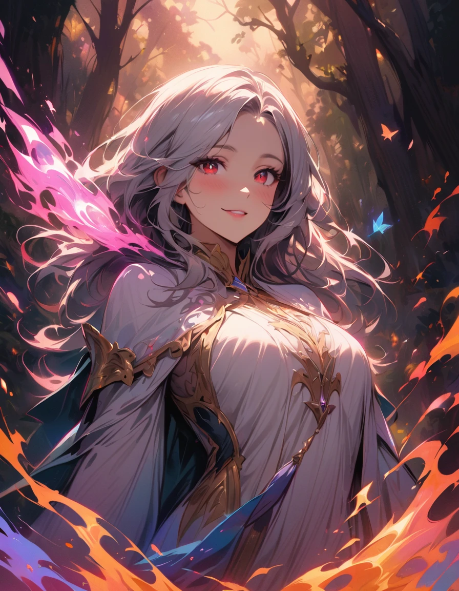 detailed textures, high quality, high resolution, high accuracy, Realism, color correction, correct lighting settings, harmonious composition. dark Elf, Dark forest background, Flowing clothes, One, curvy women, BREAK silver hair, sparkling eyes, (detailed eyes:1.2), Red eyes, smile, blush, dark skin, soft tones, shallow depth of field, soft lighting, magical aura, ethereal glow--ar 3:4- Niji 6