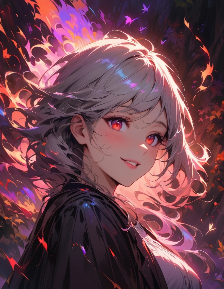 detailed textures, high quality, high resolution, high accuracy, Realism, color correction, correct lighting settings, harmonious composition. dark Elf, Dark forest background, Flowing clothes, One, curvy women, BREAK silver hair, sparkling eyes, (detailed eyes:1.2), Red eyes, smile, blush, dark skin, soft tones, shallow depth of field, soft lighting, magical aura, ethereal glow--ar 3:4- Niji 6