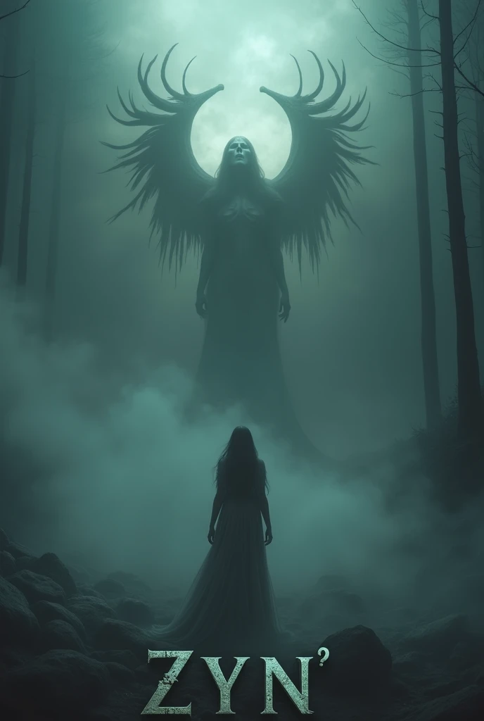 The words "ZYN ?" written in large letters at the bottom of the screen, Mysterious Fog, Symbols of death appearing from the mist, reaching out to grab you, an ominous atmosphere, a production that stirs up anxiety and fear, ((masterpiece, highest quality, Highest image quality, High resolution, photorealistic, Raw photo, 8K)), ((Extremely detailed CG unified 8k wallpaper)), (huge stunning goddess shot, very hot and sexy, jaw-dropping beauty, perfect proportions, beautiful body, slim body beauty:1.4),