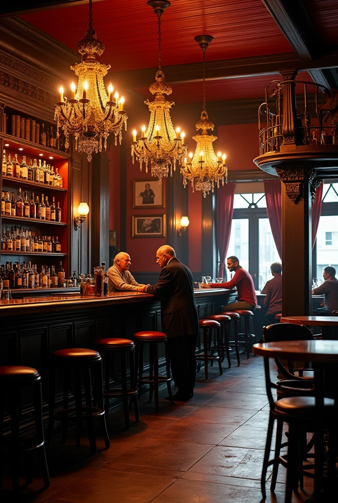 A large rustic bar with antique details in red and black tones, the counter located in the middle, a large sideboard behind the very old 18th century man. 3 imperial chandeliers, in the center on the left and right. two tables, left and right with 3 people on each. A stage and a singer to the right of the balcony.