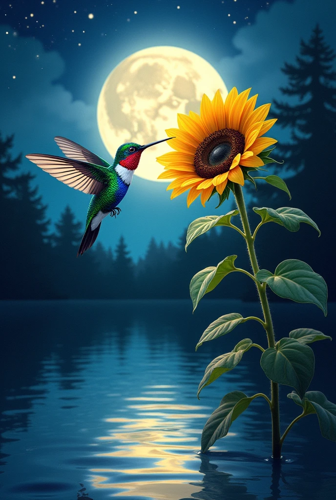 Hummingbird flying near a sunflower and a crystal clear lake in the background at night