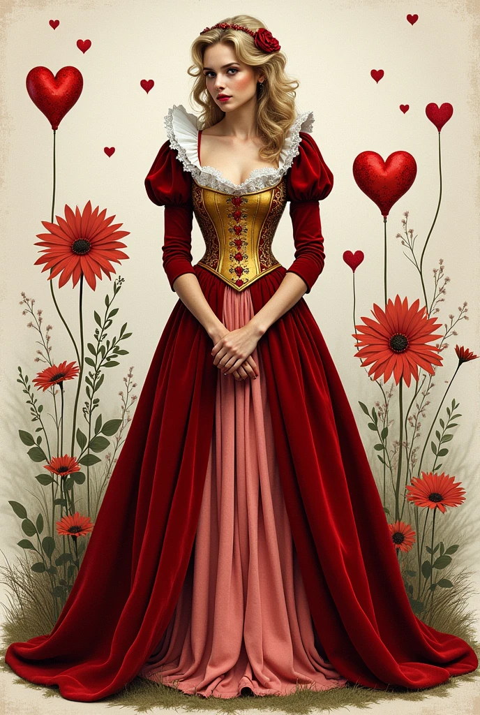 I want you to create a sketch of a medieval dress with an Alice in Wonderland theme that is simple, made of velvet with a golden corset with details and whites that is red and inspired by the Queen of Hearts