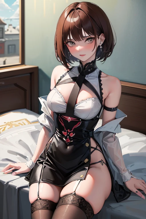 Anime girl, erotic ,
slender, 20 years old, blush, Ukrainian traditional dressing, short dress, wide hips,seductive forms,seductive look at the viewer, embroidery, brunette hair, short hair, bob cut hair, white skin, grey eyes, shiny skin, A school festival, dynamic angle, lace stockings, masterpiece, best quality, 
embroidered shirt, earrings,