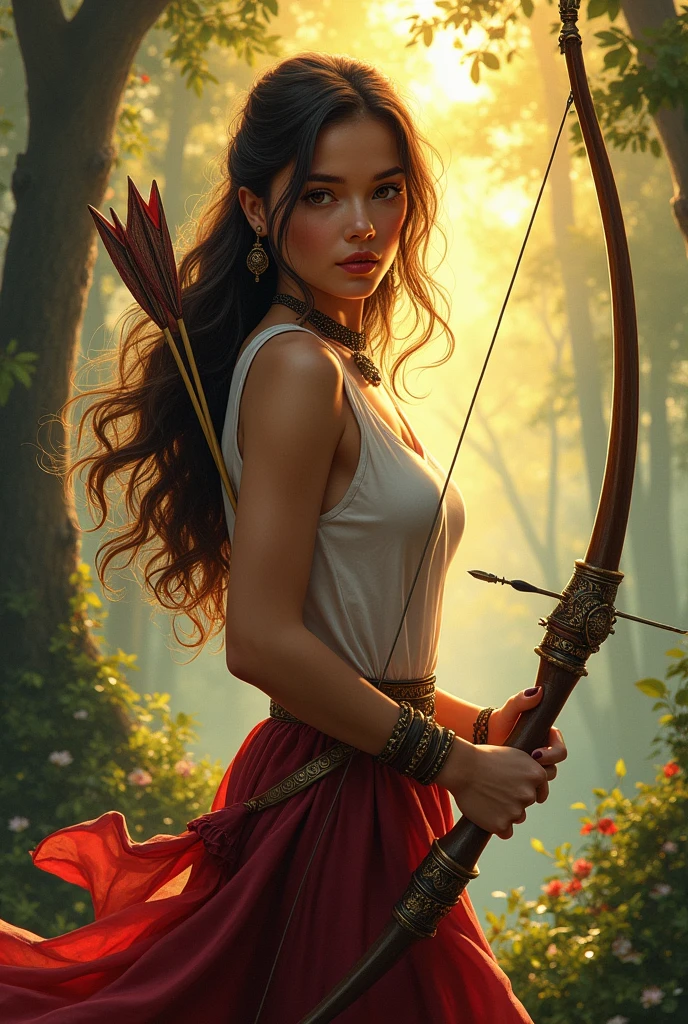 (photorealism:1.2) book's cover of a beautiful 16 year old Girl, stand with a bow and arrow, book called "los juegos de la mente" (Español)