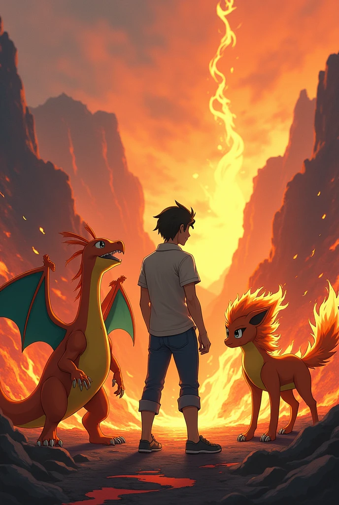 A trainer with a charizard on one side and an infernape on the other side