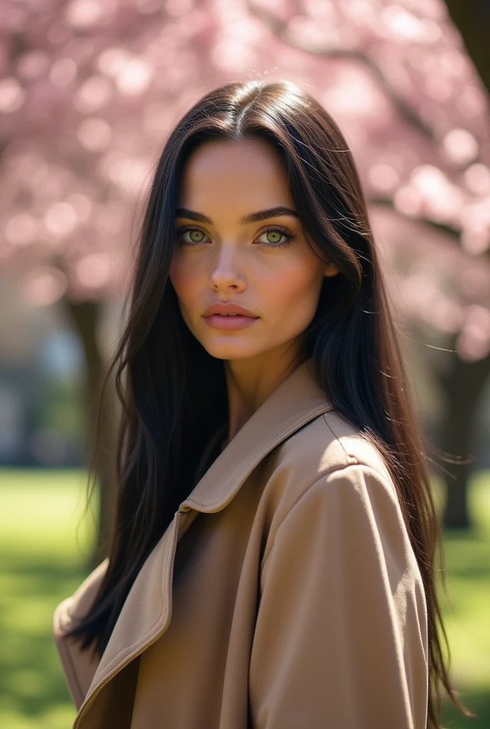 Woman with long straight black hair, with dark green eyes, skin tanned, look like Angelina Jolie, with bangs and wearing a beige overcoat, Youngh, with an innocent look