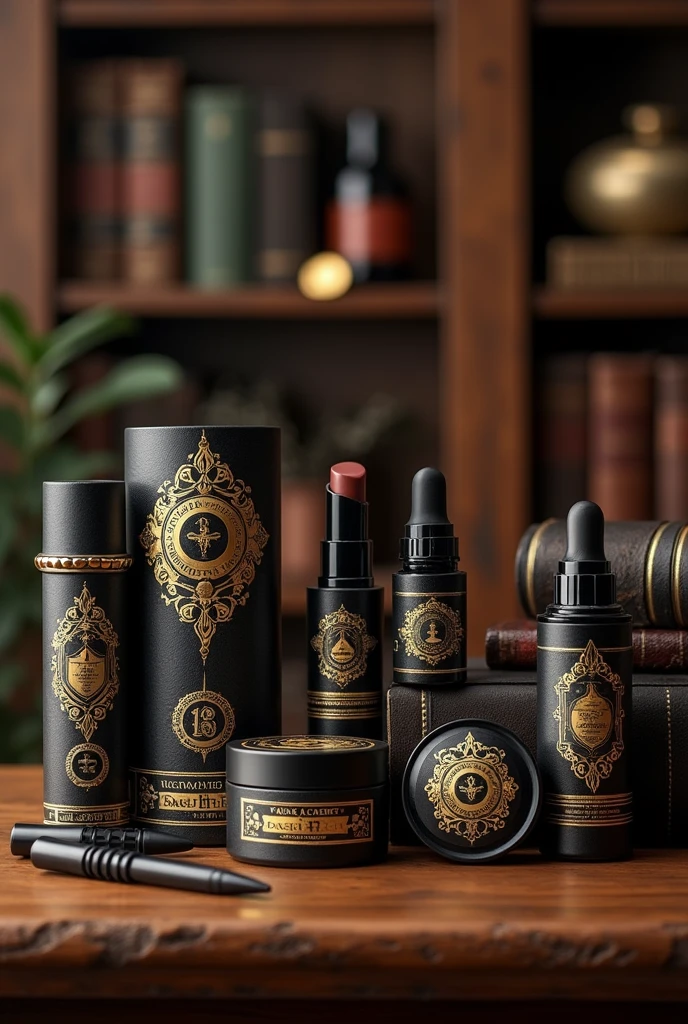 Makeup products with elegant vintage dark academy aesthetic packaging with colors: dark brown and black