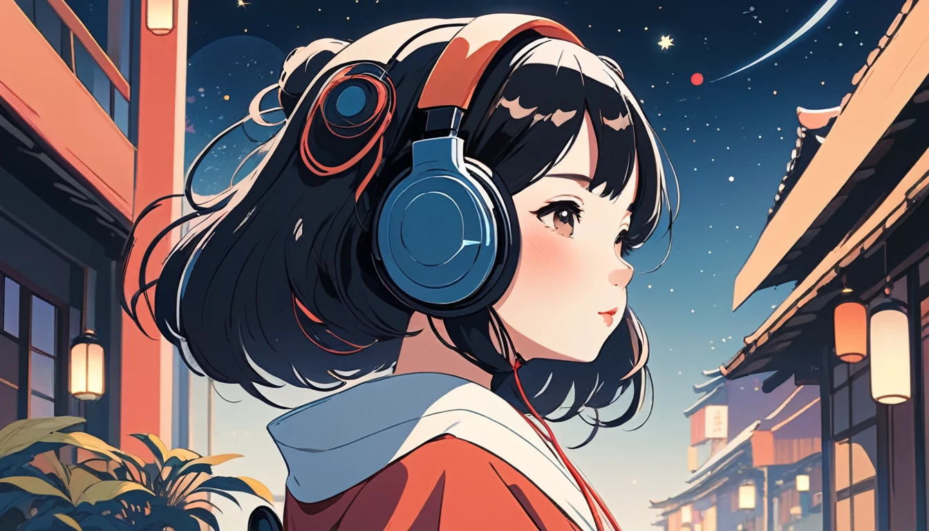 Maiko wearing Japanese style headphones、Wide-angle lens, Lofi Anime, Lofi illustration, Aesthetic atmosphere, Lo-Fi Style, Vector art, Flat Design, Simple shape, Warm tones, Pleasant atmosphere, Chill, In anime style, Digital drawing, Vector art, Vector logo for t-shirt printing, (Adorable:1.5), (small:1.4), (Playful:1.2), (soft:1.3), (Whimsical:1.1), masterpiece, Highest quality, 8k, Intricate details, grow, Celestial, Mysterious, Picturesque, amazing, Majestic, Magic, Fantasy art, Cover art, dream-like
