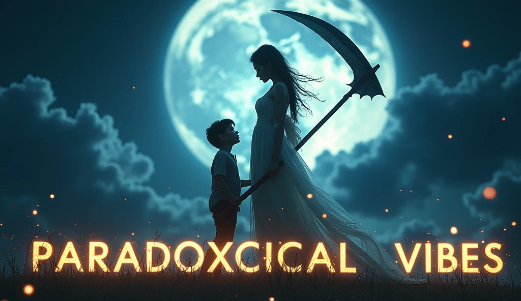 The words "paradoxicalvibes" written in large letters at the bottom of the screen, ((masterpiece, highest quality, Highest image quality, High resolution, photorealistic, Raw photo, 8K)), ((Extremely detailed CG unified 8k wallpaper)), (huge stunning goddess shot, jaw-dropping beauty, perfect proportions, beautiful body, slim body beauty:1.4), A boy wielding a huge scythe, movie poster, (a huge scythe:1.5),the place should be in night